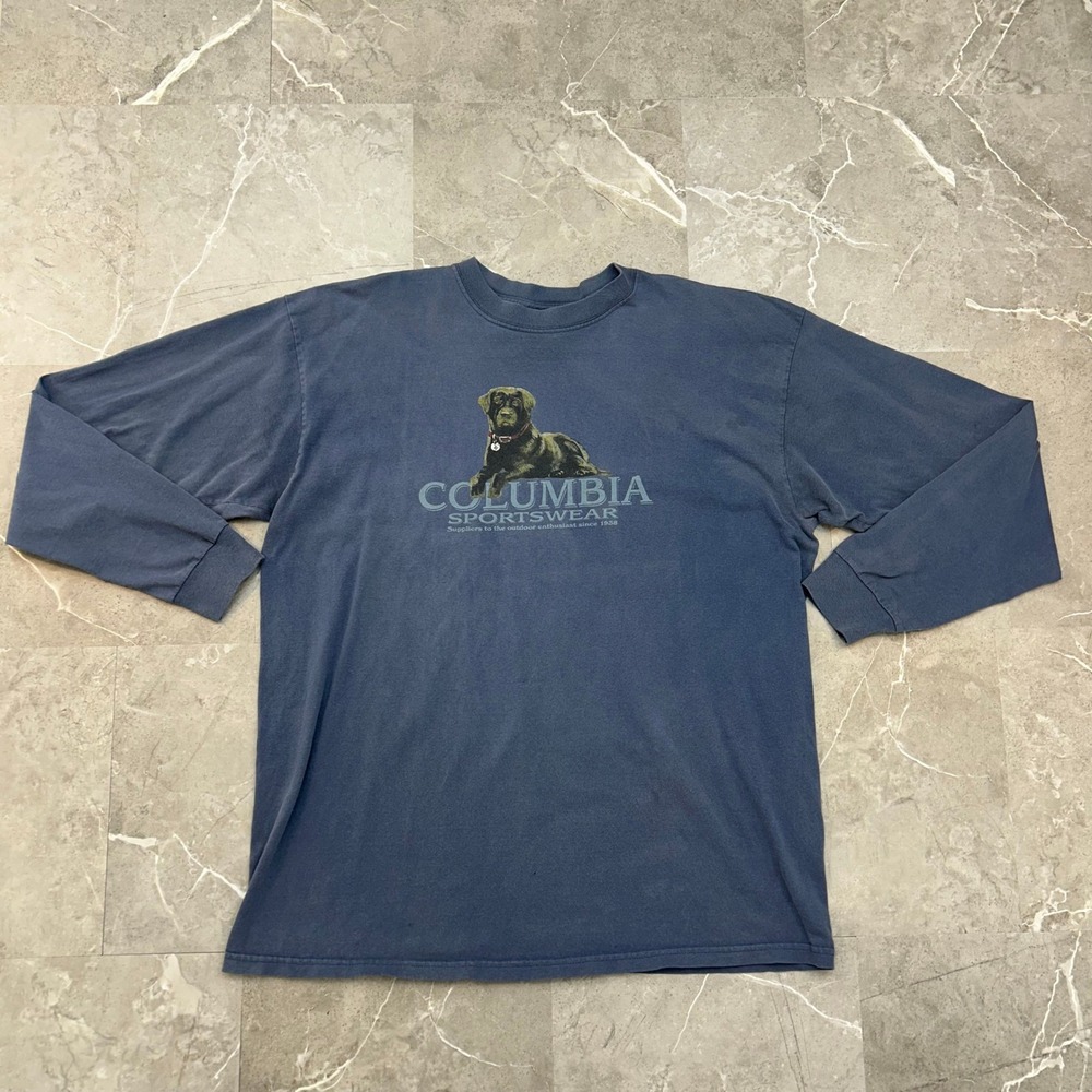 Vintage Columbia Sportswear Graphic Tee Mens XL Black Lab Long Sleeve Faded